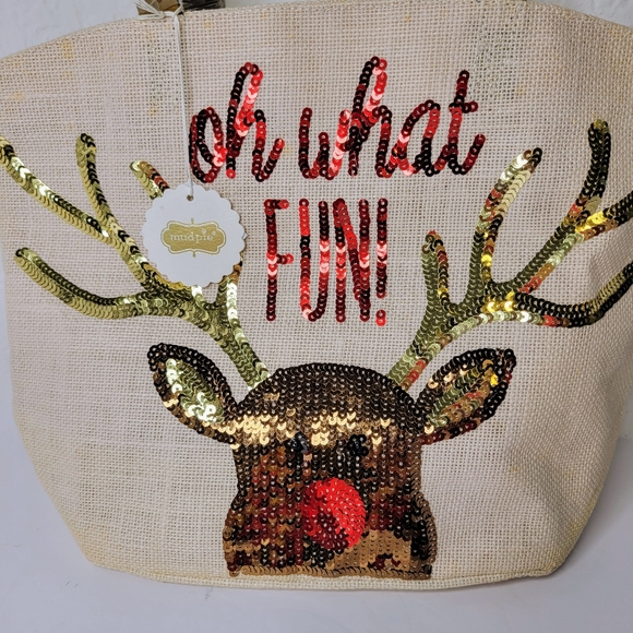 Mud pie Jute Sequin Holiday Reindeer Tote, Gift Bag, Leather Straps, Oh What Fun - Picture 3 of 11
